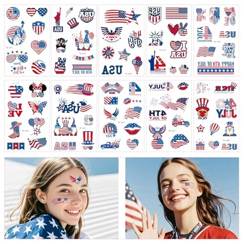Awinmay 80 Pcs 4th of July Temporary Tattoos - American Flag Red White and Blue Tattoos for Kids, Independence Day Party Favors, Memorial Day, Labor Day, USA Patriotic Decorations (10 Sheets) - görsel 10