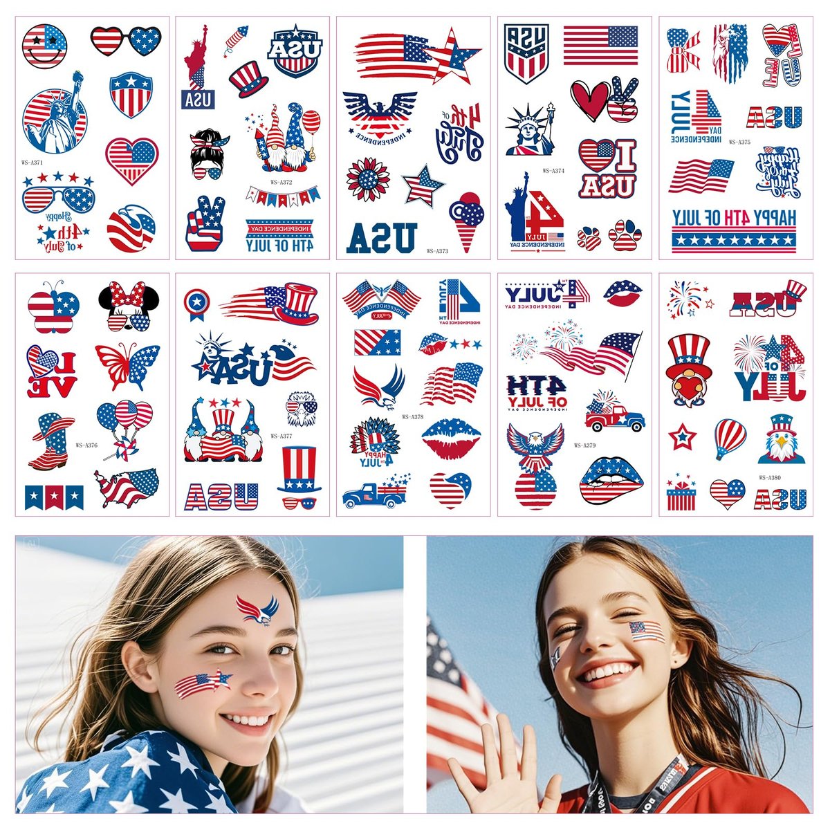 Awinmay 80 Pcs 4th of July Temporary Tattoos - American Flag Red White and Blue Tattoos for Kids, Independence Day Party Favors, Memorial Day, Labor Day, USA Patriotic Decorations (10 Sheets) - görsel 9