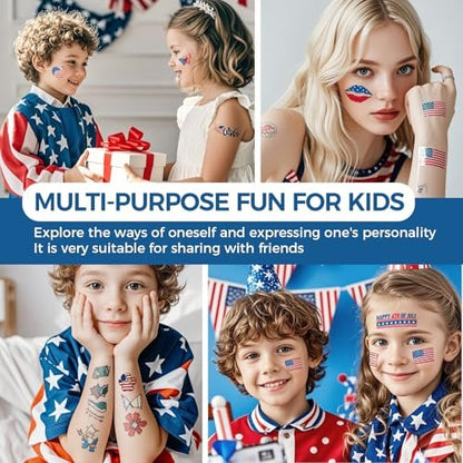 Awinmay 80 Pcs 4th of July Temporary Tattoos - American Flag Red White and Blue Tattoos for Kids, Independence Day Party Favors, Memorial Day, Labor Day, USA Patriotic Decorations (10 Sheets)