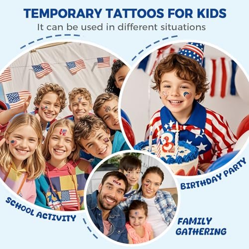 Awinmay 80 Pcs 4th of July Temporary Tattoos - American Flag Red White and Blue Tattoos for Kids, Independence Day Party Favors, Memorial Day, Labor Day, USA Patriotic Decorations (10 Sheets) - görsel 4