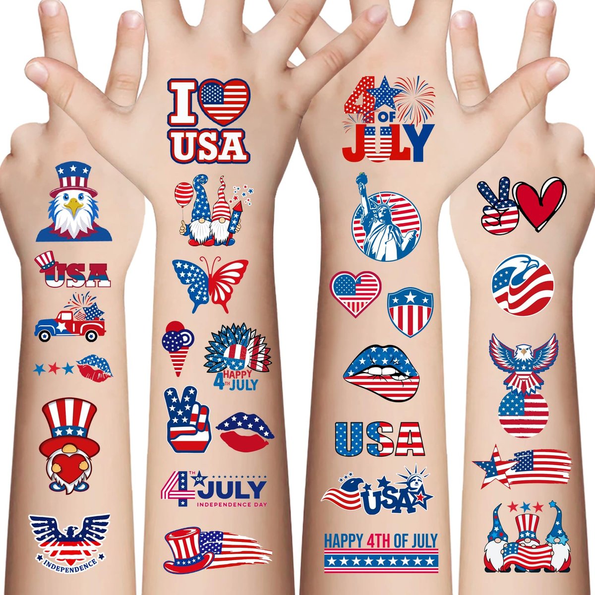 Awinmay 80 Pcs 4th of July Temporary Tattoos - American Flag Red White and Blue Tattoos for Kids, Independence Day Party Favors, Memorial Day, Labor Day, USA Patriotic Decorations (10 Sheets) - görsel 1
