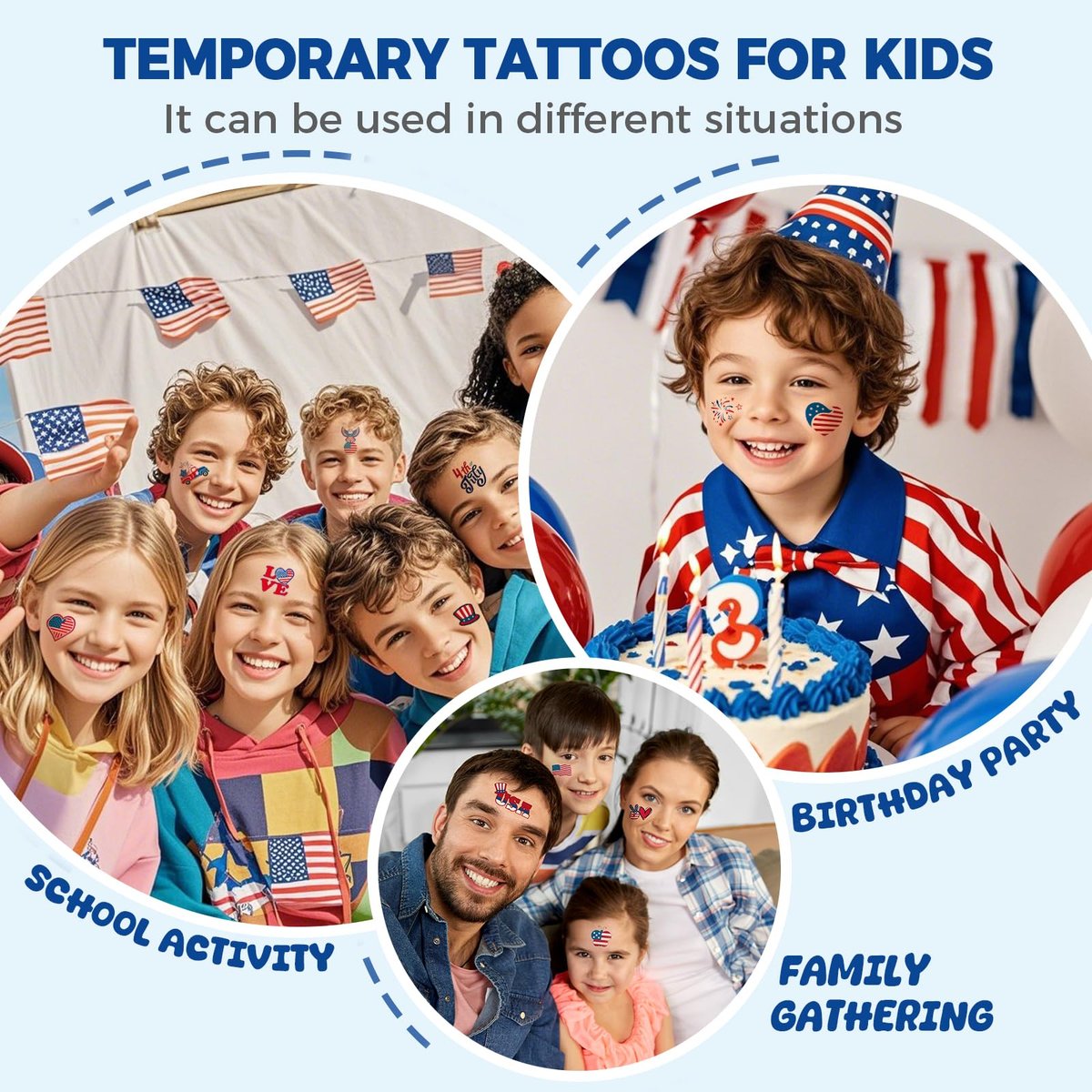 Awinmay 80 Pcs 4th of July Temporary Tattoos - American Flag Red White and Blue Tattoos for Kids, Independence Day Party Favors, Memorial Day, Labor Day, USA Patriotic Decorations (10 Sheets) - görsel 3