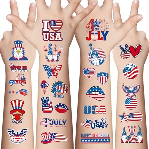 Awinmay 80 Pcs 4th of July Temporary Tattoos - American Flag Red White and Blue Tattoos for Kids, Independence Day Party Favors, Memorial Day, Labor Day, USA Patriotic Decorations (10 Sheets) - görsel 2