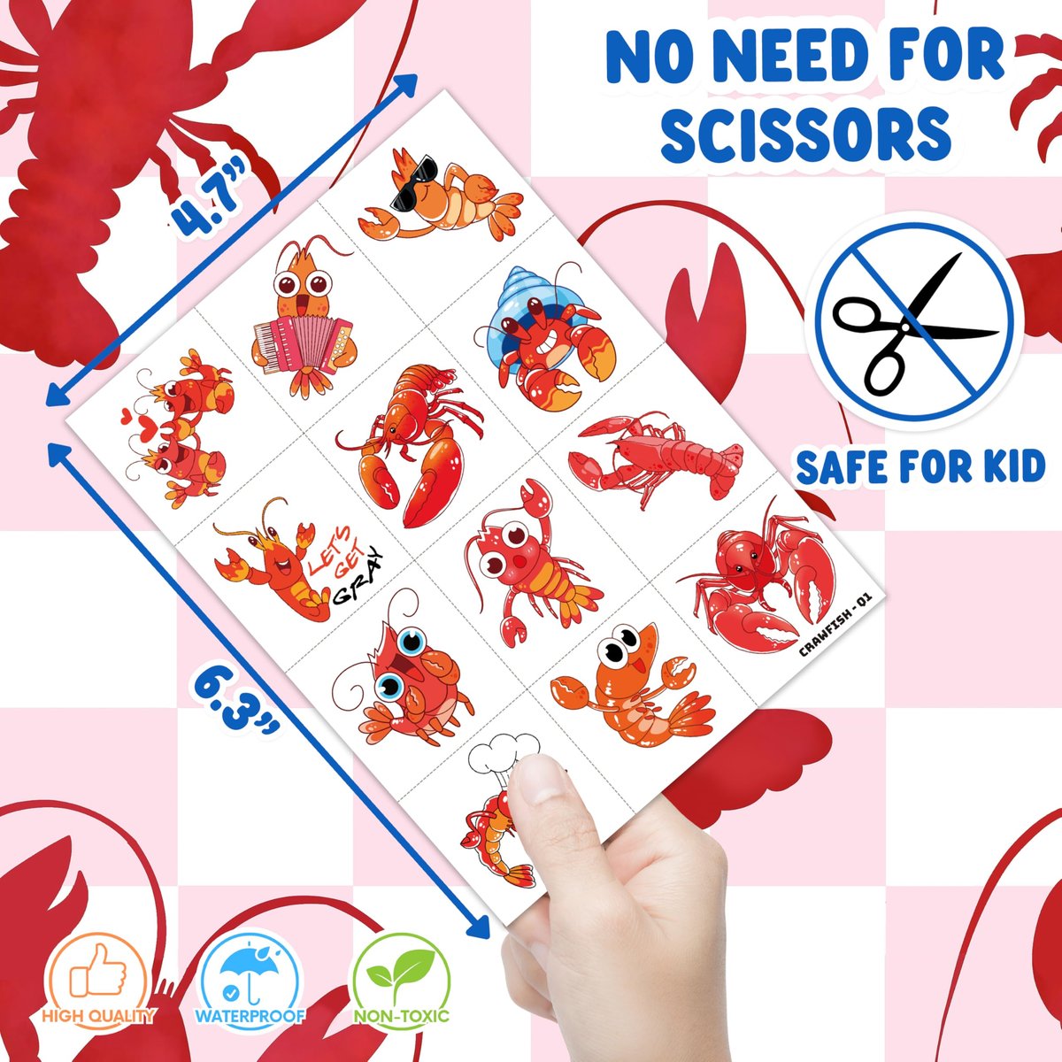 96 PCS Crawfish Boil Pre-Cut Temporary Tattoos for Kids - Super Cute Crawfish Themed Birthday Party Favors, Ocean Animal Tattoo Stickers, School Rewards & Gifts - görsel 7