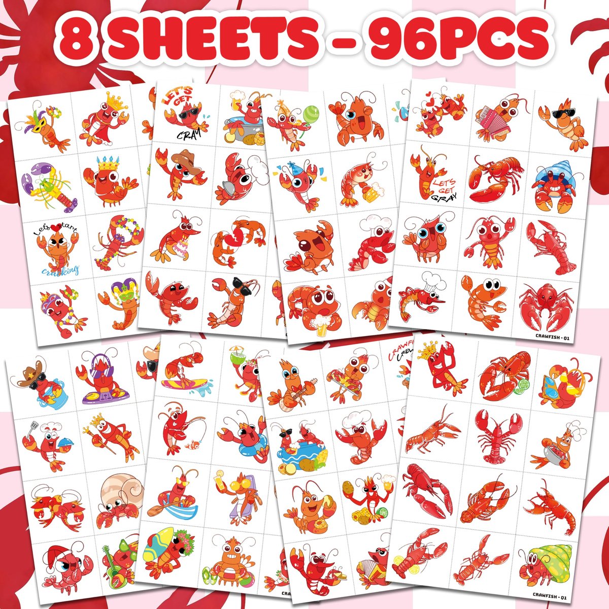 96 PCS Crawfish Boil Pre-Cut Temporary Tattoos for Kids - Super Cute Crawfish Themed Birthday Party Favors, Ocean Animal Tattoo Stickers, School Rewards & Gifts - görsel 5