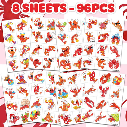 96 PCS Crawfish Boil Pre-Cut Temporary Tattoos for Kids - Super Cute Crawfish Themed Birthday Party Favors, Ocean Animal Tattoo Stickers, School Rewards & Gifts
