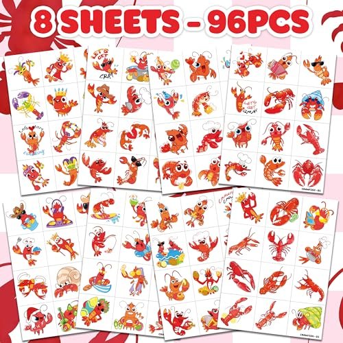 96 PCS Crawfish Boil Pre-Cut Temporary Tattoos for Kids - Super Cute Crawfish Themed Birthday Party Favors, Ocean Animal Tattoo Stickers, School Rewards & Gifts - görsel 6
