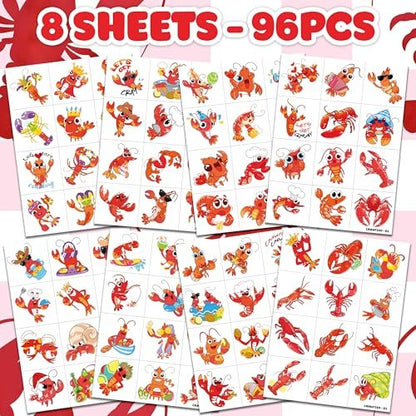 96 PCS Crawfish Boil Pre-Cut Temporary Tattoos for Kids - Super Cute Crawfish Themed Birthday Party Favors, Ocean Animal Tattoo Stickers, School Rewards & Gifts