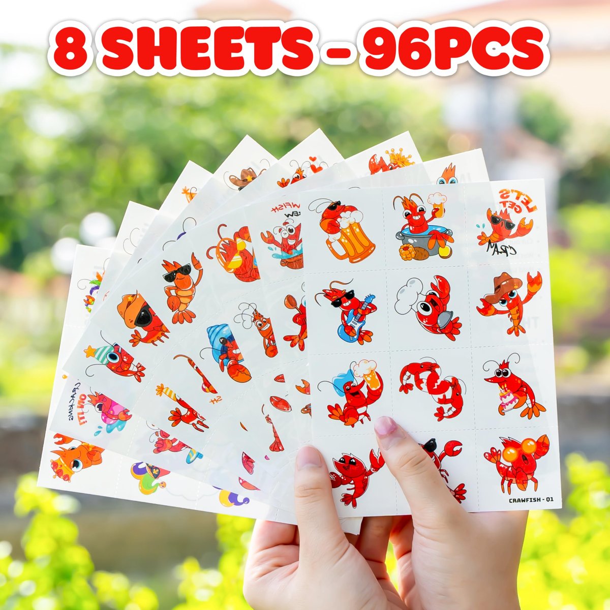 96 PCS Crawfish Boil Pre-Cut Temporary Tattoos for Kids - Super Cute Crawfish Themed Birthday Party Favors, Ocean Animal Tattoo Stickers, School Rewards & Gifts - görsel 15