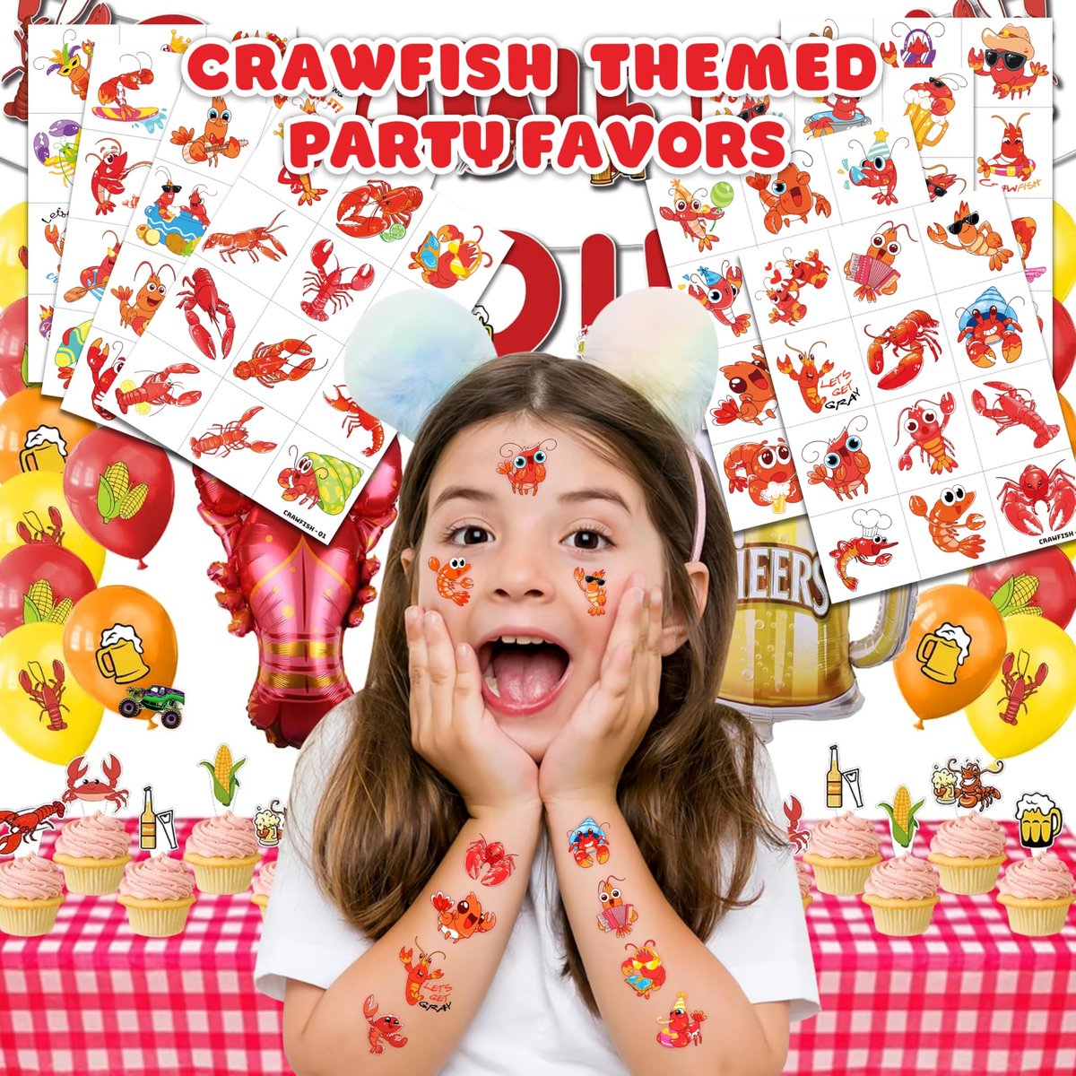 96 PCS Crawfish Boil Pre-Cut Temporary Tattoos for Kids - Super Cute Crawfish Themed Birthday Party Favors, Ocean Animal Tattoo Stickers, School Rewards & Gifts - görsel 3