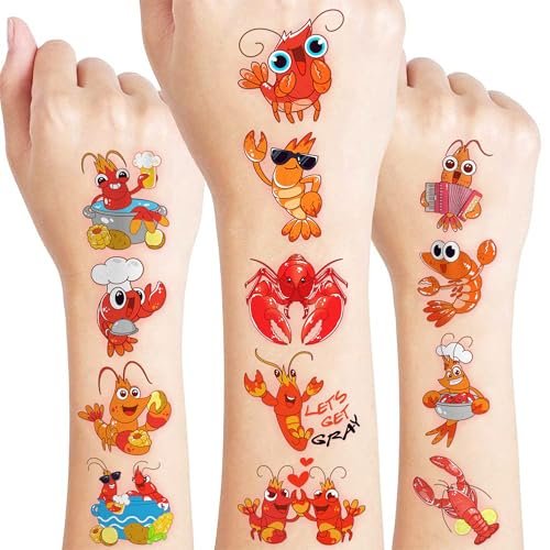 96 PCS Crawfish Boil Pre-Cut Temporary Tattoos for Kids - Super Cute Crawfish Themed Birthday Party Favors, Ocean Animal Tattoo Stickers, School Rewards & Gifts - görsel 2