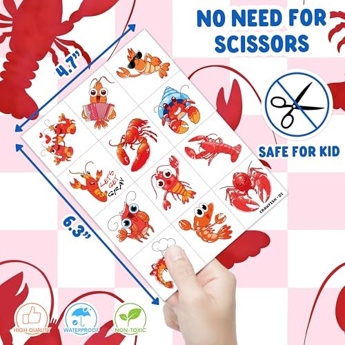96 PCS Crawfish Boil Pre-Cut Temporary Tattoos for Kids - Super Cute Crawfish Themed Birthday Party Favors, Ocean Animal Tattoo Stickers, School Rewards & Gifts - görsel 8