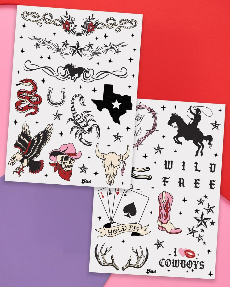xo, Fetti Realistic Western Temporary Tattoos - 38 pcs | Rodeo Bachelorette, Birthday Favors, Cowgirl Party Accessory, Wild West Fake Tats - görsel 3