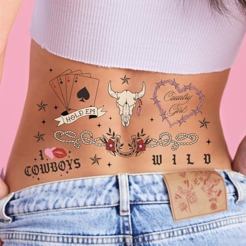 xo, Fetti Realistic Western Temporary Tattoos - 38 pcs | Rodeo Bachelorette, Birthday Favors, Cowgirl Party Accessory, Wild West Fake Tats - görsel 2