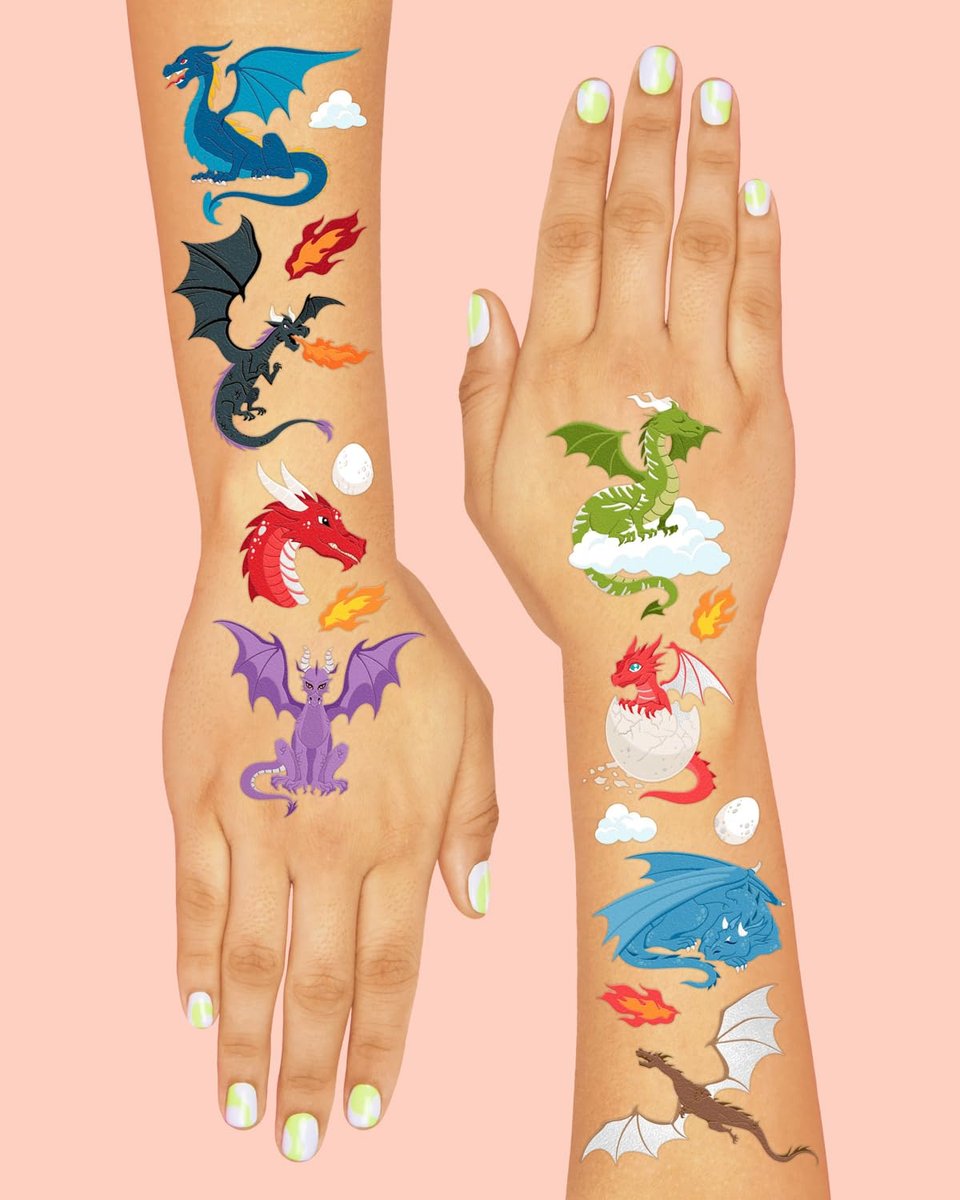 xo, Fetti Dragon Temporary Tattoos - 40 Silver Foil Styles for Magical Birthday Decorations, Fantasy Kids Party Favors, Wyvern & Dinosaur Tats - görsel 8