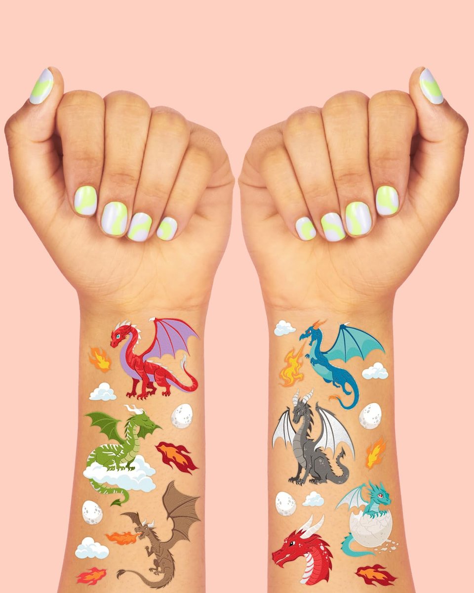 xo, Fetti Dragon Temporary Tattoos - 40 Silver Foil Styles for Magical Birthday Decorations, Fantasy Kids Party Favors, Wyvern & Dinosaur Tats - görsel 6