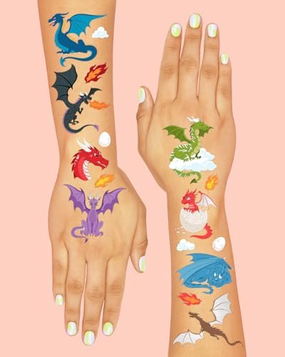 xo, Fetti Dragon Temporary Tattoos - 40 Silver Foil Styles for Magical Birthday Decorations, Fantasy Kids Party Favors, Wyvern & Dinosaur Tats - görsel 7