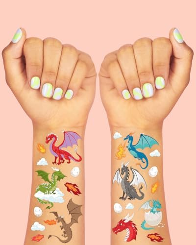 xo, Fetti Dragon Temporary Tattoos - 40 Silver Foil Styles for Magical Birthday Decorations, Fantasy Kids Party Favors, Wyvern & Dinosaur Tats - görsel 5