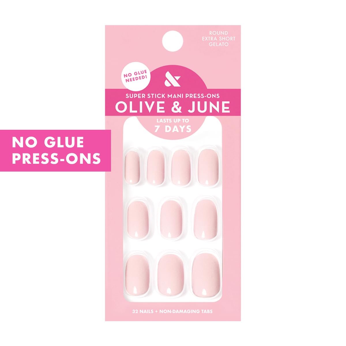 Olive & June Classic Super Stick Mani Press On Nails - No Glue Needed, 32 Tab Nails, 16 Sizes, Non-Toxic, 7-Day Wear, Spring Flowers & Patterns, Short Round, Gelato Pink - görsel 2