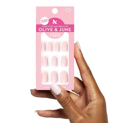 Olive & June Classic Super Stick Mani Press On Nails - No Glue Needed, 32 Tab Nails, 16 Sizes, Non-Toxic, 7-Day Wear, Spring Flowers & Patterns, Short Round, Gelato Pink