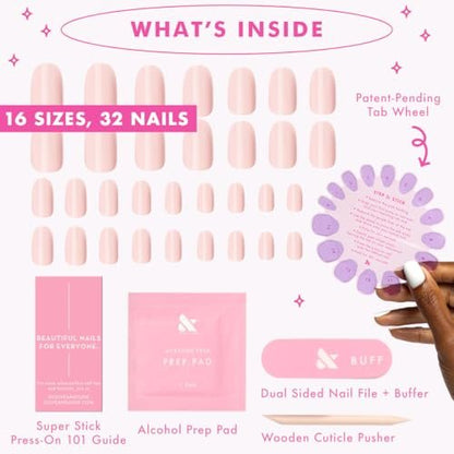 Olive & June Classic Super Stick Mani Press On Nails - No Glue Needed, 32 Tab Nails, 16 Sizes, Non-Toxic, 7-Day Wear, Spring Flowers & Patterns, Short Round, Gelato Pink