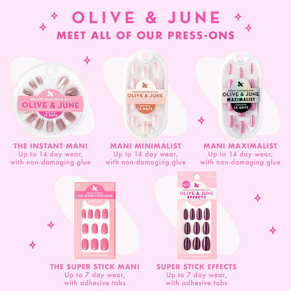 Olive & June Classic Super Stick Mani Press On Nails - No Glue Needed, 32 Tab Nails, 16 Sizes, Non-Toxic, 7-Day Wear, Spring Flowers & Patterns, Short Round, Gelato Pink