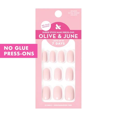 Olive & June Classic Super Stick Mani Press On Nails - No Glue Needed, 32 Tab Nails, 16 Sizes, Non-Toxic, 7-Day Wear, Spring Flowers & Patterns, Short Round, Gelato Pink - görsel 3
