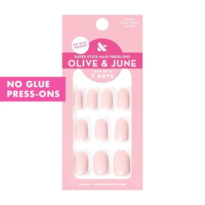 Olive & June Classic Super Stick Mani Press On Nails - No Glue Needed, 32 Tab Nails, 16 Sizes, Non-Toxic, 7-Day Wear, Spring Flowers & Patterns, Short Round, Gelato Pink