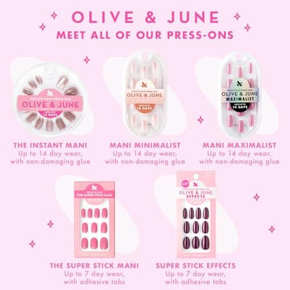 Olive & June Classic Super Stick Mani Press On Nails - No Glue Needed, 32 Tab Nails, 16 Sizes, Non-Toxic, 7-Day Wear, Spring Flowers & Patterns, Short Squoval, Tutu Pastel Pink