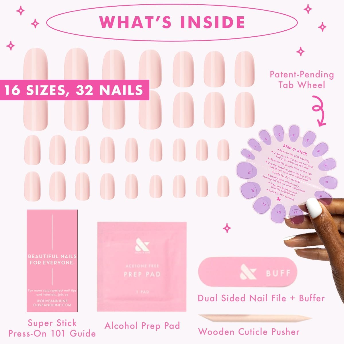 Olive & June Classic Super Stick Mani Press On Nails - No Glue Needed, 32 Tab Nails, 16 Sizes, Non-Toxic, 7-Day Wear, Spring Flowers & Patterns, Short Round, Gelato Pink - görsel 12
