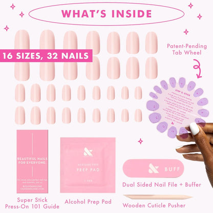 Olive & June Classic Super Stick Mani Press On Nails - No Glue Needed, 32 Tab Nails, 16 Sizes, Non-Toxic, 7-Day Wear, Spring Flowers & Patterns, Short Round, Gelato Pink