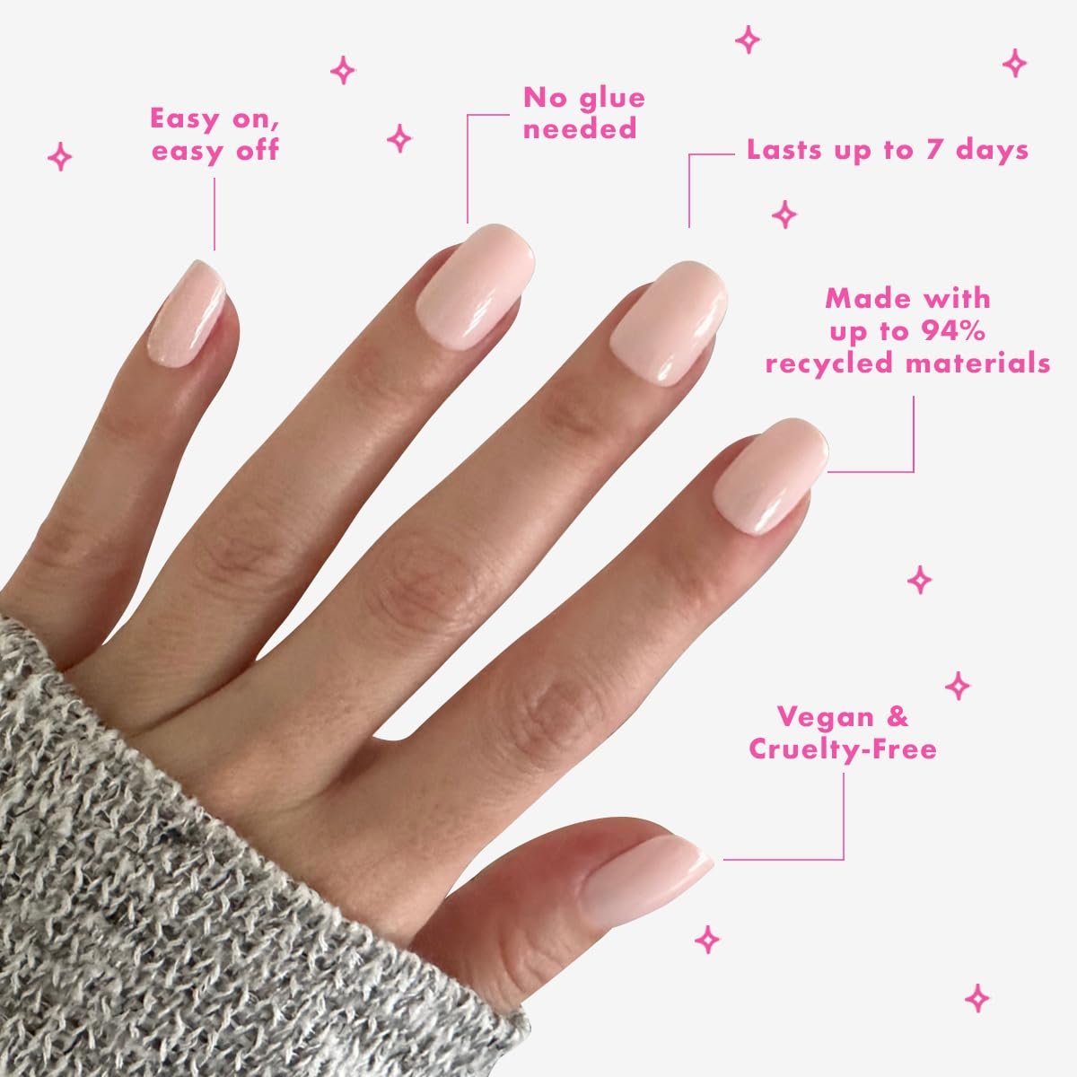 Olive & June Classic Super Stick Mani Press On Nails - No Glue Needed, 32 Tab Nails, 16 Sizes, Non-Toxic, 7-Day Wear, Spring Flowers & Patterns, Short Squoval, Tutu Pastel Pink - görsel 6