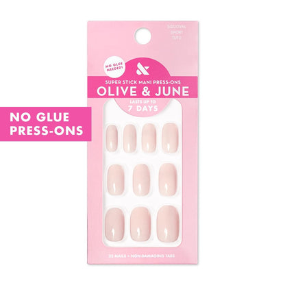 Olive & June Classic Super Stick Mani Press On Nails - No Glue Needed, 32 Tab Nails, 16 Sizes, Non-Toxic, 7-Day Wear, Spring Flowers & Patterns, Short Squoval, Tutu Pastel Pink