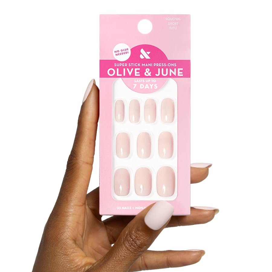 Olive & June Classic Super Stick Mani Press On Nails - No Glue Needed, 32 Tab Nails, 16 Sizes, Non-Toxic, 7-Day Wear, Spring Flowers & Patterns, Short Squoval, Tutu Pastel Pink - görsel 1