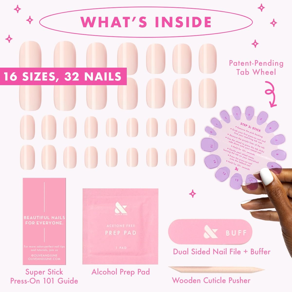 Olive & June Classic Super Stick Mani Press On Nails - No Glue Needed, 32 Tab Nails, 16 Sizes, Non-Toxic, 7-Day Wear, Spring Flowers & Patterns, Short Squoval, Tutu Pastel Pink - görsel 12