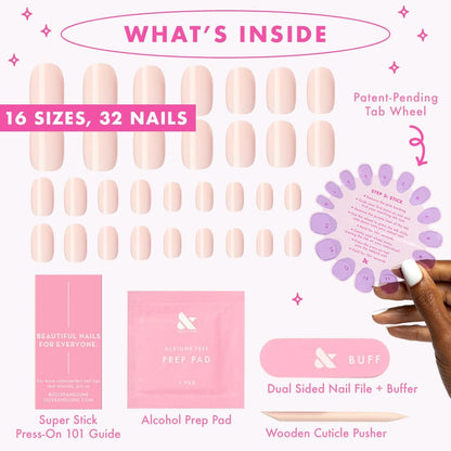 Olive & June Classic Super Stick Mani Press On Nails - No Glue Needed, 32 Tab Nails, 16 Sizes, Non-Toxic, 7-Day Wear, Spring Flowers & Patterns, Short Squoval, Tutu Pastel Pink