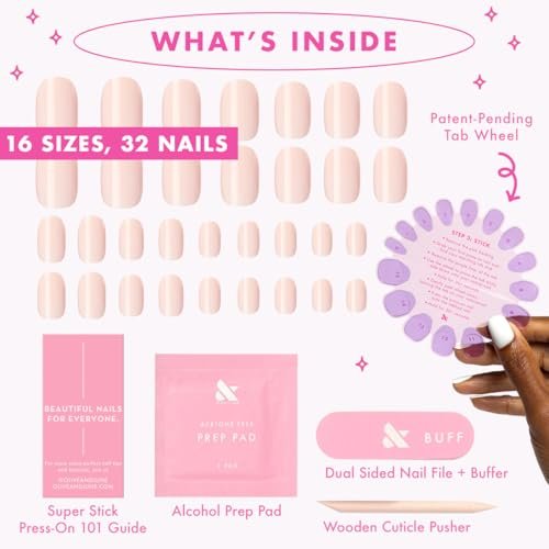 Olive & June Classic Super Stick Mani Press On Nails - No Glue Needed, 32 Tab Nails, 16 Sizes, Non-Toxic, 7-Day Wear, Spring Flowers & Patterns, Short Squoval, Tutu Pastel Pink - görsel 13