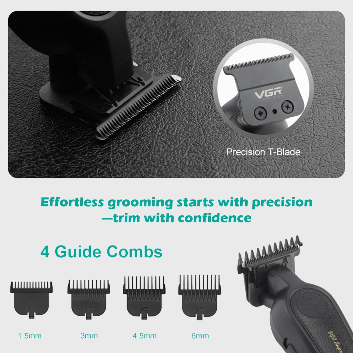 VGR 995 Professional Hair Trimmer for Men – Zero Gapped Barber Edgers, Portable Cordless Beard Trimmer Clipper with 4 Guide Combs, USB Rechargeable - görsel 7