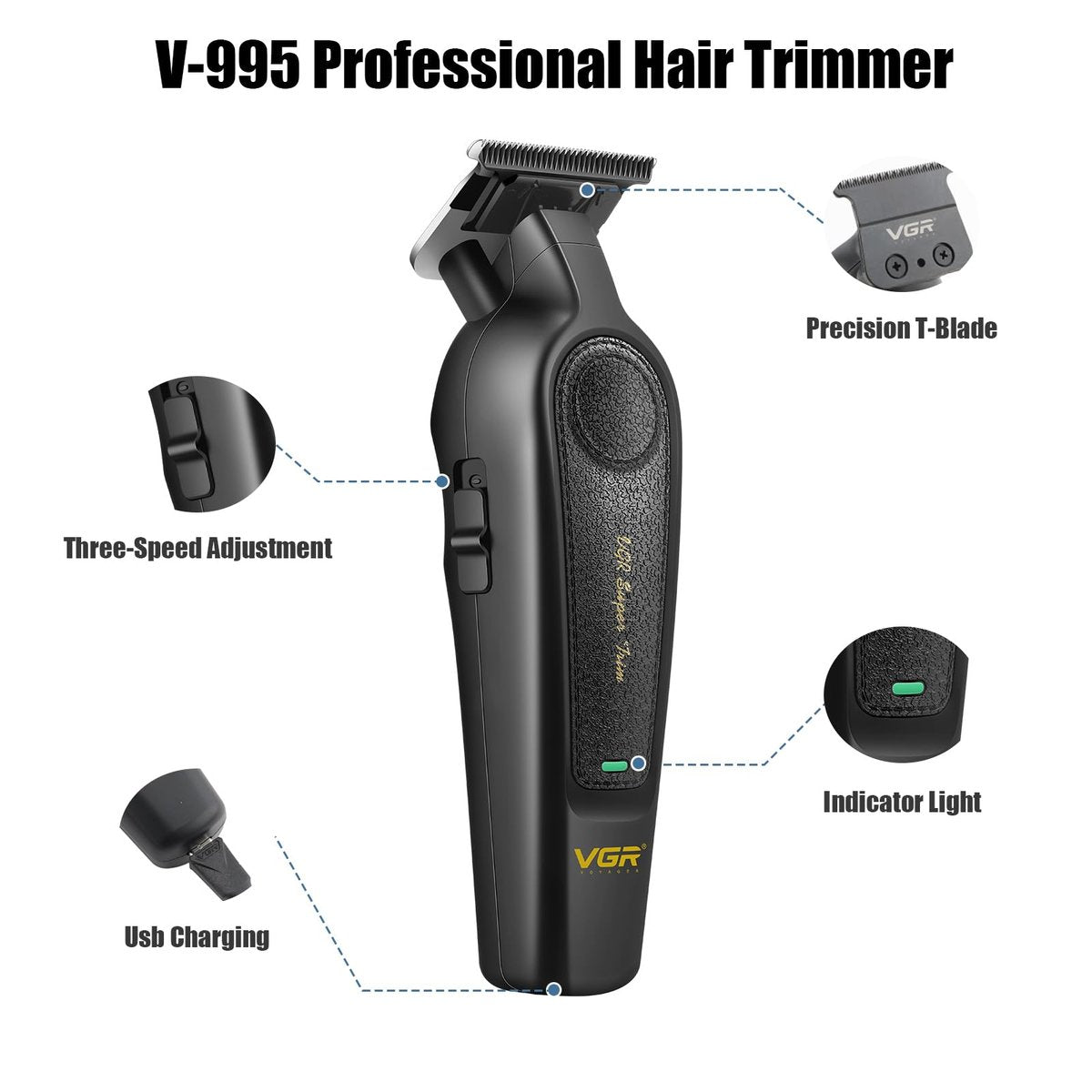 VGR 995 Professional Hair Trimmer for Men – Zero Gapped Barber Edgers, Portable Cordless Beard Trimmer Clipper with 4 Guide Combs, USB Rechargeable - görsel 3