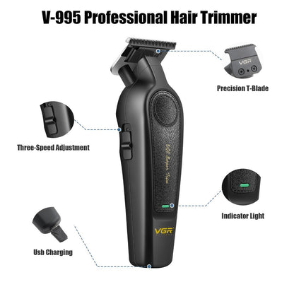 VGR 995 Professional Hair Trimmer for Men – Zero Gapped Barber Edgers, Portable Cordless Beard Trimmer Clipper with 4 Guide Combs, USB Rechargeable