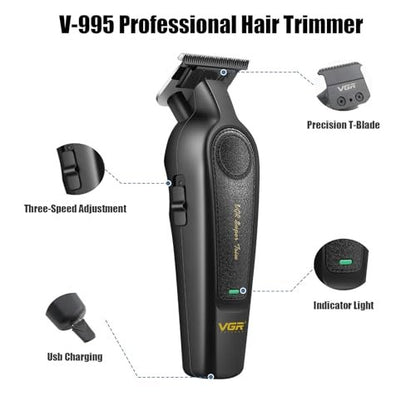 VGR 995 Professional Hair Trimmer for Men – Zero Gapped Barber Edgers, Portable Cordless Beard Trimmer Clipper with 4 Guide Combs, USB Rechargeable