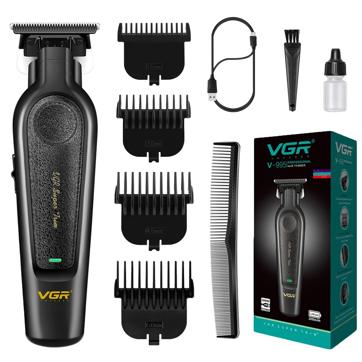 VGR 995 Professional Hair Trimmer for Men – Zero Gapped Barber Edgers, Portable Cordless Beard Trimmer Clipper with 4 Guide Combs, USB Rechargeable - görsel 1