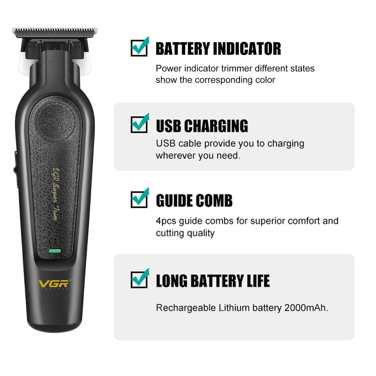 VGR 995 Professional Hair Trimmer for Men – Zero Gapped Barber Edgers, Portable Cordless Beard Trimmer Clipper with 4 Guide Combs, USB Rechargeable - görsel 5