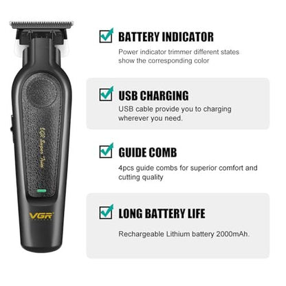 VGR 995 Professional Hair Trimmer for Men – Zero Gapped Barber Edgers, Portable Cordless Beard Trimmer Clipper with 4 Guide Combs, USB Rechargeable