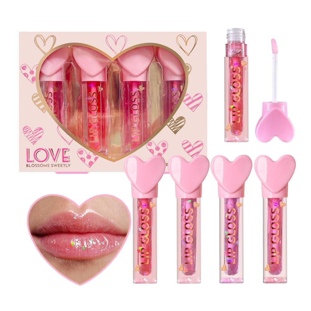 4pc Heart Charm Lip Gloss Stick for Girls - Glossy Fruity Lip Set | Non Toxic Party Favors, Teen Makeup Gift with Cute Topper (4 Pack) - görsel 1