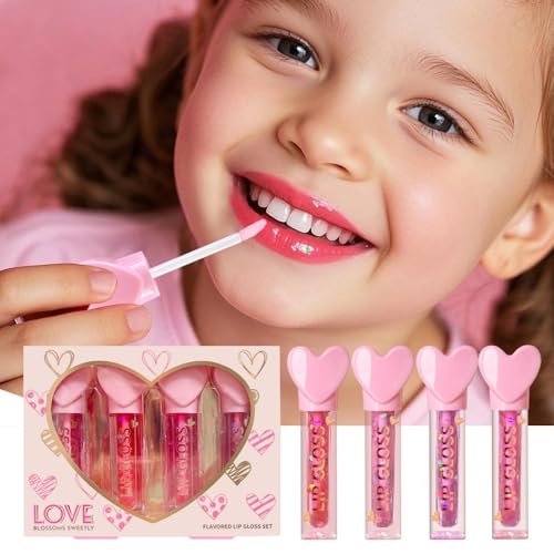 4pc Heart Charm Lip Gloss Stick for Girls - Glossy Fruity Lip Set | Non Toxic Party Favors, Teen Makeup Gift with Cute Topper (4 Pack) - görsel 10