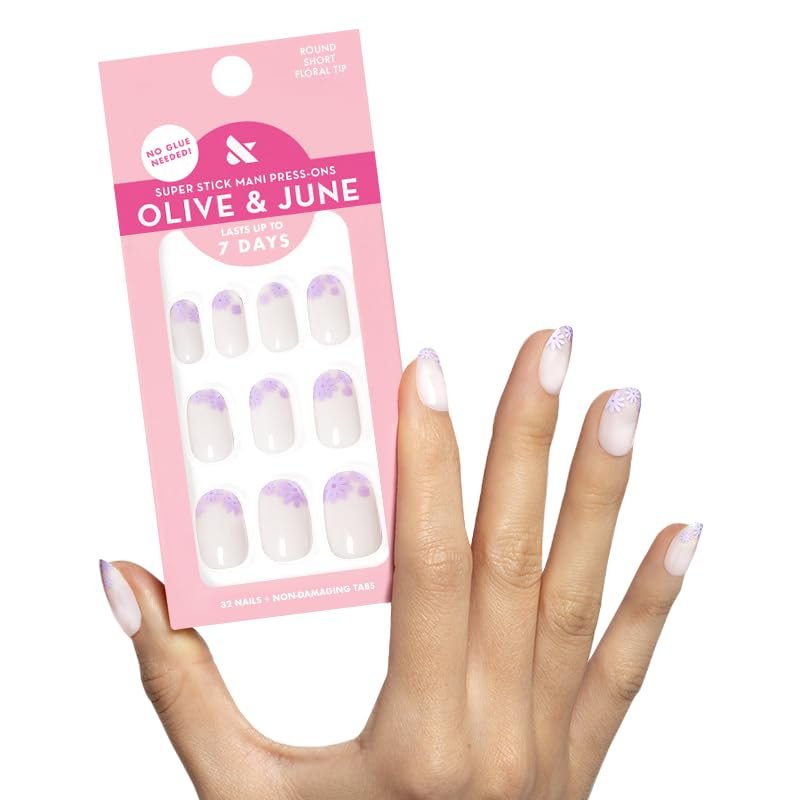 Olive & June Classic Super Stick Mani Press On Nails - Floral Tip, Short, Round - No Glue, 32 Nails, 16 Sizes Avelisse