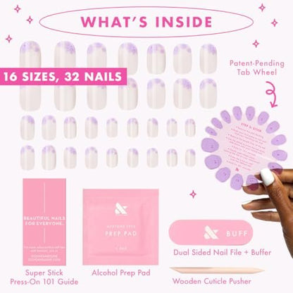 Olive & June Classic Super Stick Mani Press On Nails - Floral Tip, Short, Round - No Glue, 32 Nails, 16 Sizes Avelisse