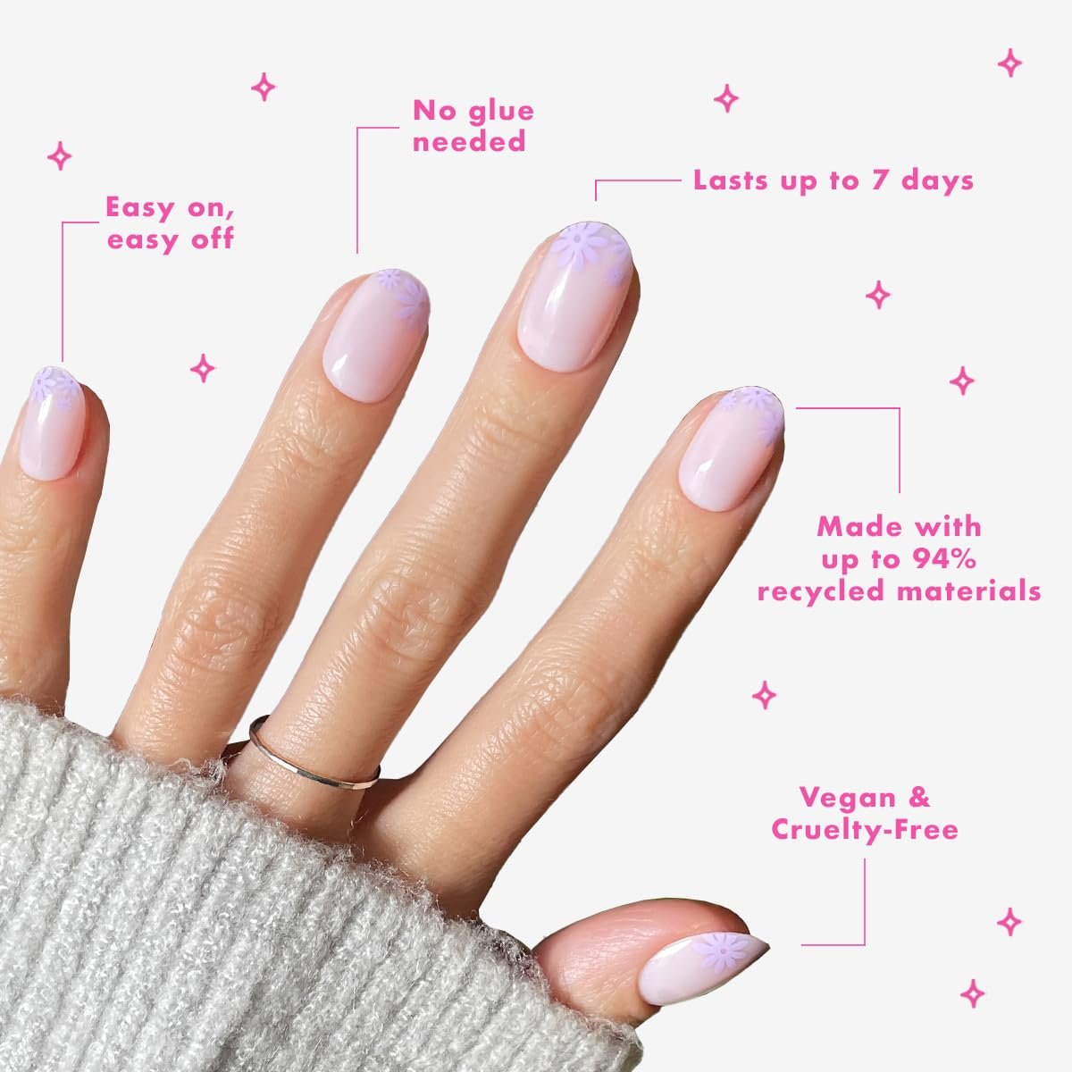 Olive & June Classic Super Stick Mani Press On Nails - Floral Tip, Short, Round - No Glue, 32 Nails, 16 Sizes Avelisse