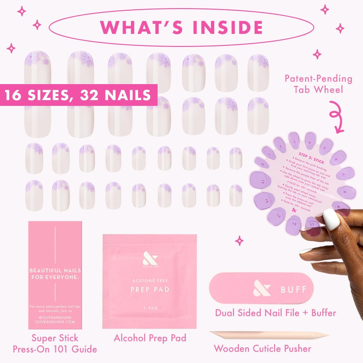 Olive & June Classic Super Stick Mani Press On Nails - Floral Tip, Short, Round - No Glue, 32 Nails, 16 Sizes Avelisse